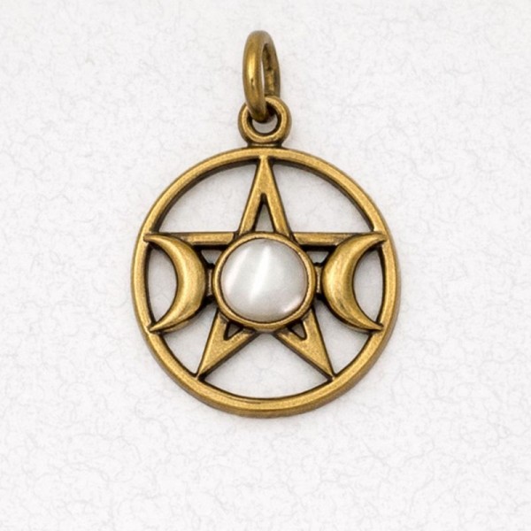 Wicca Bronze Triple Moon Pentacle with Mother of Pearl Inlay