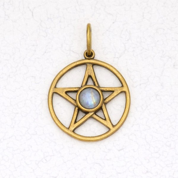 Wicca Bronze Pendant Necklace - Pentacle Set with Genuine Stone