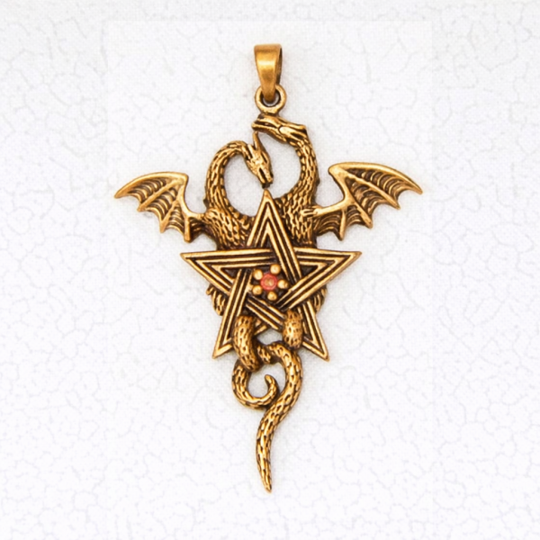 Wicca Bronze Pendant Necklace - Pentacle of the Dragons