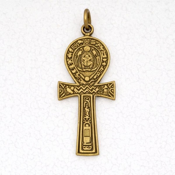 Egyptian Bronze Pendant Necklace - Ankh & Scarab