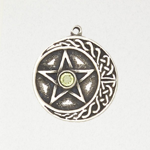 Wicca Pewter Pendant Necklace - Crescent Moon Pentacle with Accent Stone