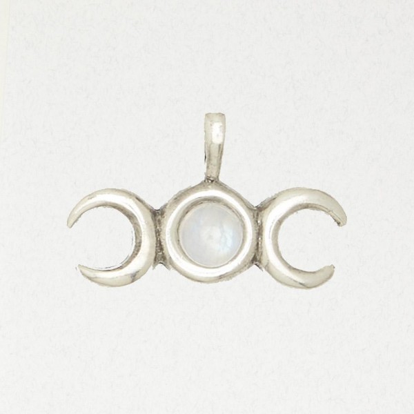 Wicca Pewter Pendant Necklace - Triple Moon with Accent Stone