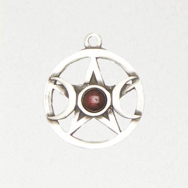 Wicca Pewter Pendant Necklace - Triple Moon Pentacle w/ Accent Cabochon