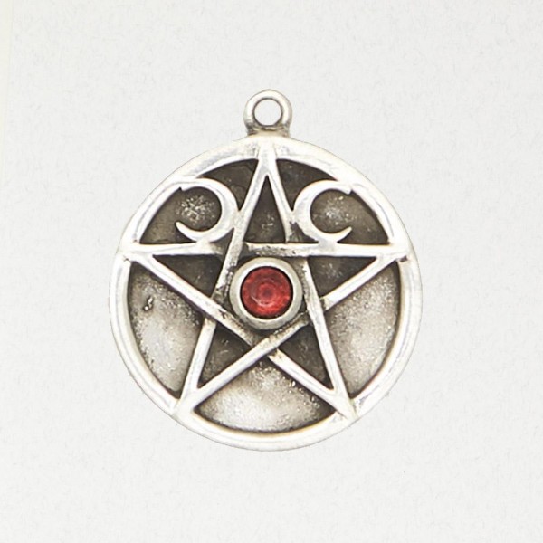 Wicca Pewter Pendant Necklace - Crescent Moon Pentacle with Accent Stone